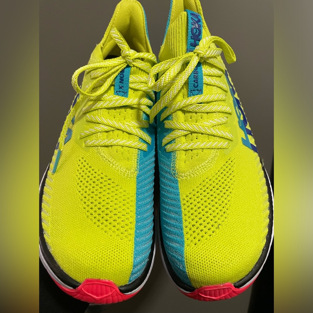 Hoka One One Bright Yellow and Teal Athletic Running Shoes with Pink Toe Accents